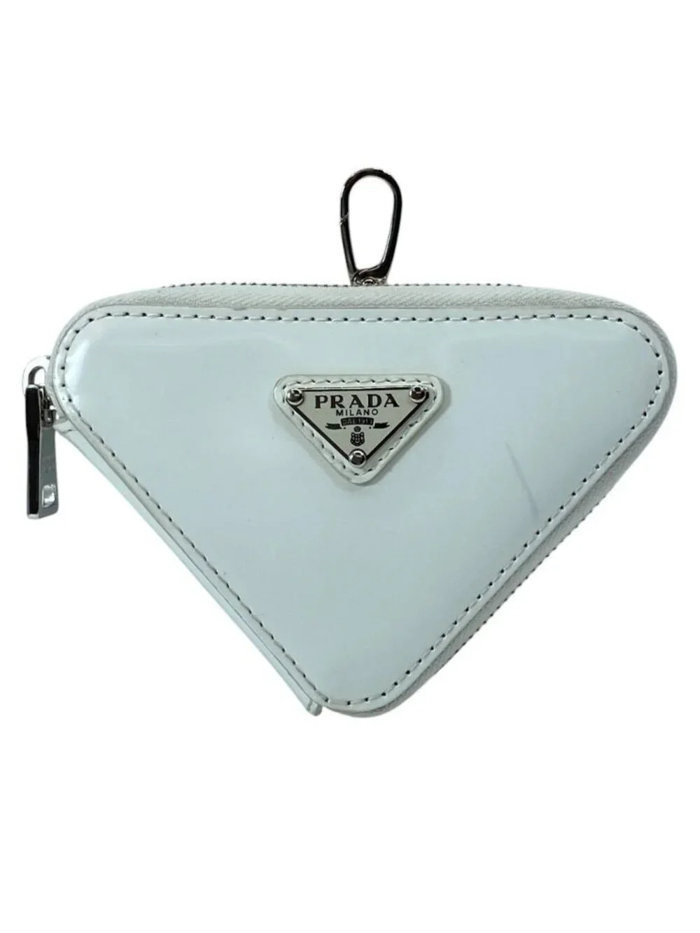 Prada Pouch Coin Purse Triangle Logo Leather White Silver Practical Daily